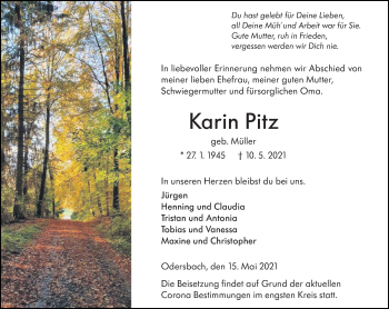Traueranzeige von Karin Pitz von 206 Weilburger Tageblatt
