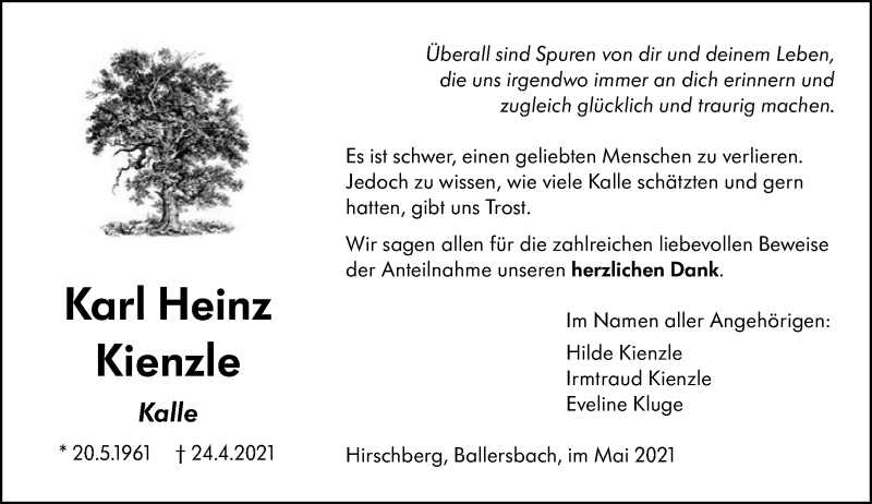  Traueranzeige für Karl Heinz Kienzle vom 22.05.2021 aus 202 Dill Block
