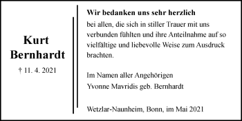 Traueranzeige von Kurt Bernhardt von 201 Wetzlarer Neue Zeitung
