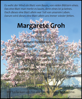 Traueranzeige von Margarete Groh von 201 Wetzlarer Neue Zeitung