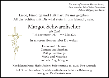 Traueranzeige von Margot Schwarzfischer von 564 Usinger Anzeiger