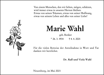 Traueranzeige von Marie Wahl von VRM Trauer