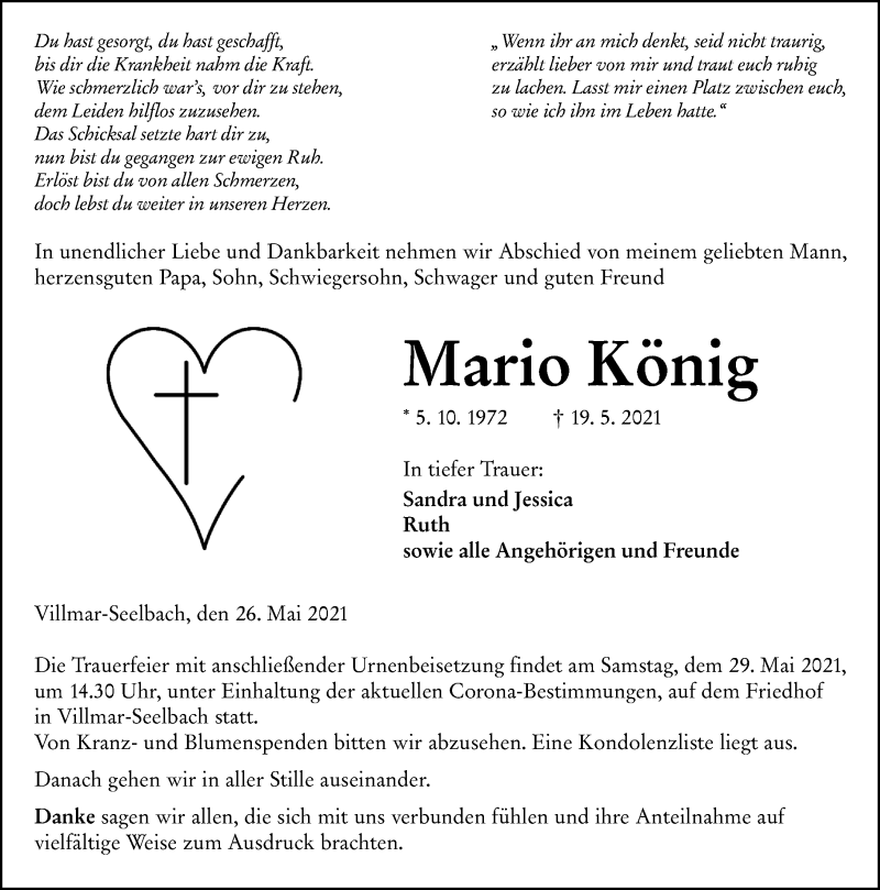  Traueranzeige für Mario König vom 26.05.2021 aus 206 Weilburger Tageblatt