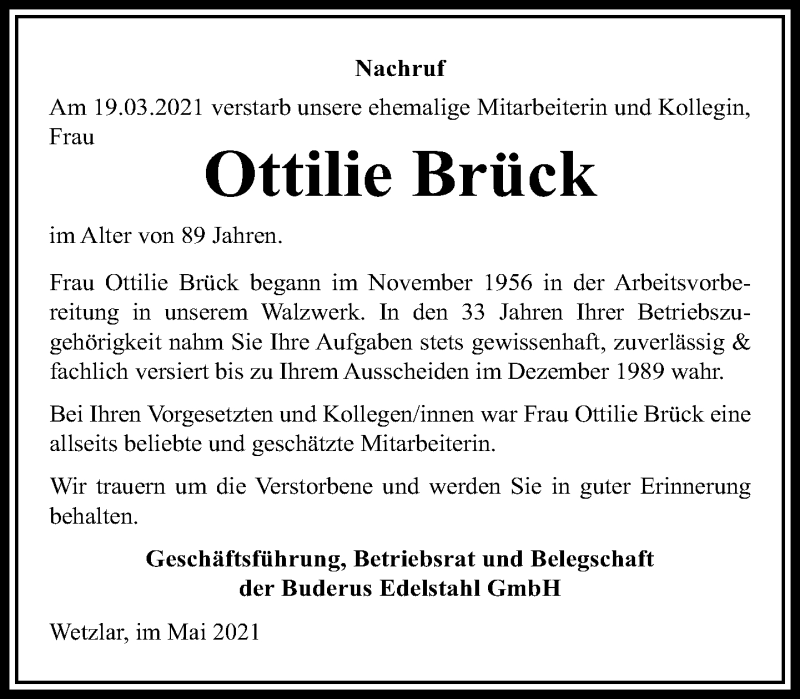  Traueranzeige für Ottilie Brück vom 25.05.2021 aus 201 Wetzlarer Neue Zeitung