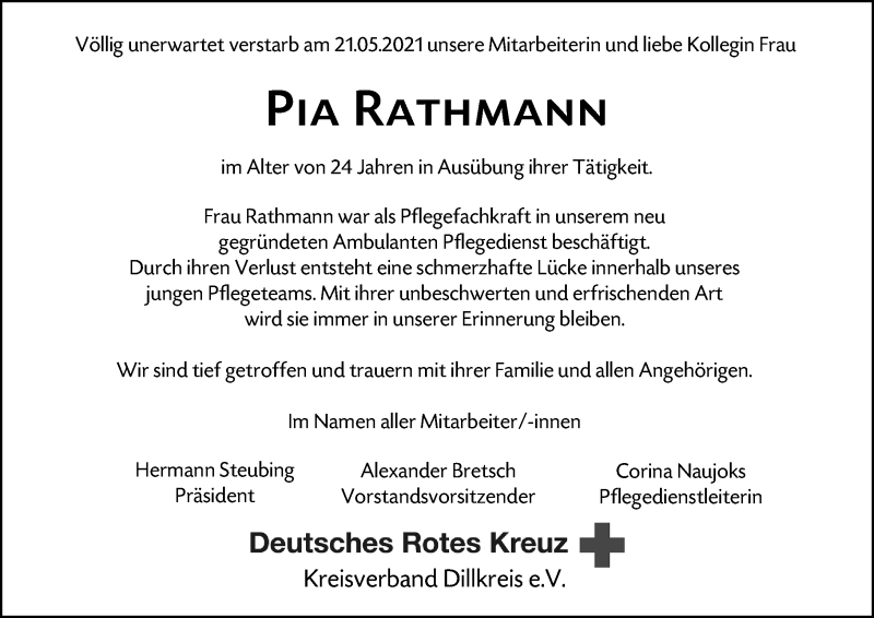  Traueranzeige für Pia Rathmann vom 28.05.2021 aus 202 Dill Block