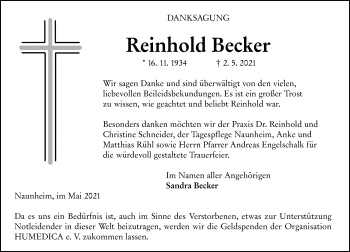 Traueranzeige von Reinhold Becker von 201 Wetzlarer Neue Zeitung