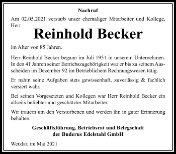 Traueranzeige von Reinhold Becker von 201 Wetzlarer Neue Zeitung