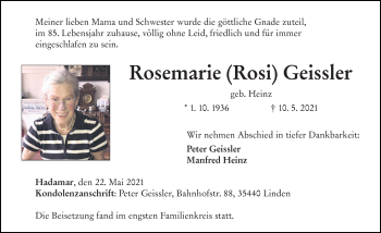 Traueranzeige von Rosemarie Geissler von 201 Wetzlarer Neue Zeitung