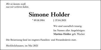 Traueranzeige von Simone Holder von 206 Weilburger Tageblatt