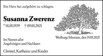 Traueranzeige von Susanna Zwerenz von 206 Weilburger Tageblatt