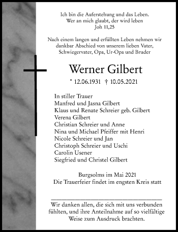 Traueranzeige von Werner Gilbert von 201 Wetzlarer Neue Zeitung