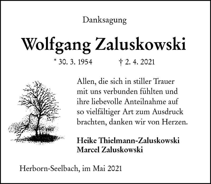  Traueranzeige für Wolfgang Zaluskowski vom 15.05.2021 aus 202 Dill Block
