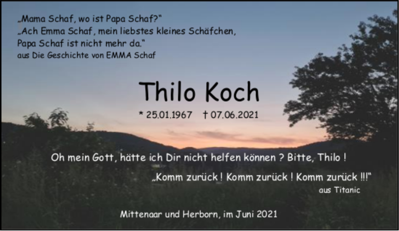 Traueranzeige für Thilo Koch vom 12.06.2021 aus 202 Dill Block