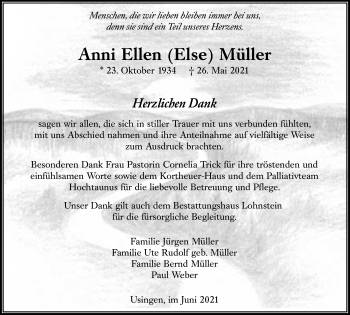 Traueranzeige von Anni Ellen Else Müller von 564 Usinger Anzeiger