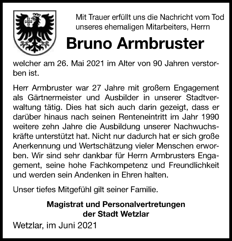  Traueranzeige für Bruno Armbruster vom 12.06.2021 aus 201 Wetzlarer Neue Zeitung