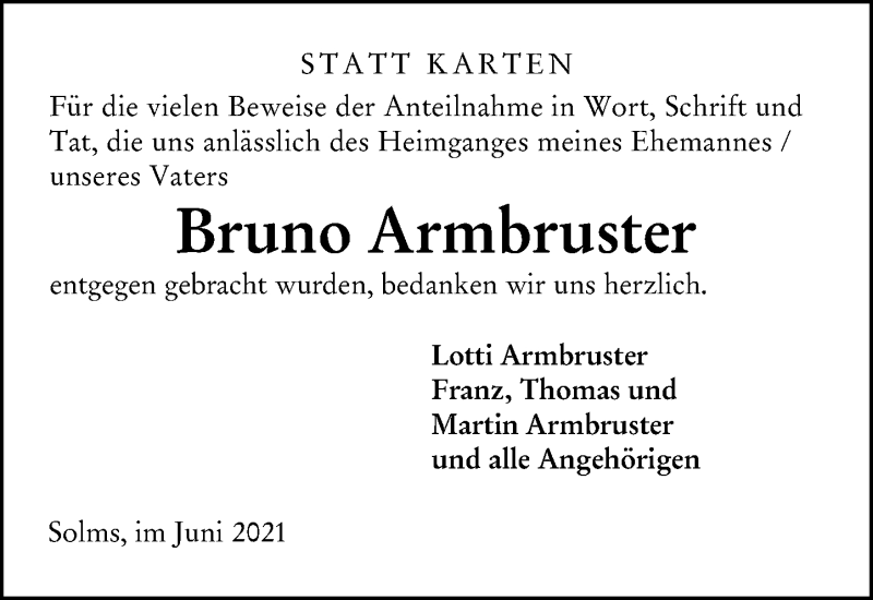  Traueranzeige für Bruno Armbruster vom 22.06.2021 aus 201 Wetzlarer Neue Zeitung