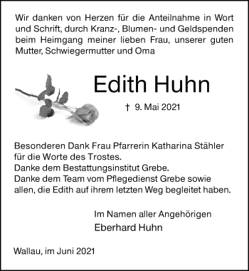 Traueranzeige von Edith Huhn von 205 Hinterländer Anzeiger