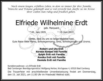 Traueranzeige von Elfriede Wilhelme Erdt von 582 Camberger Anzeiger