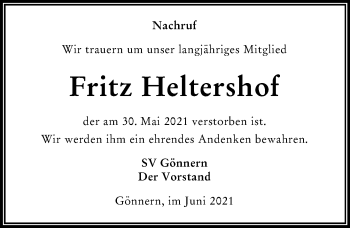 Traueranzeige von Fritz Heltershof von 205 Hinterländer Anzeiger