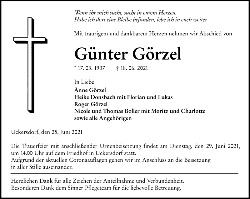  Traueranzeige für Günter Görzel vom 25.06.2021 aus 202 Dill Block