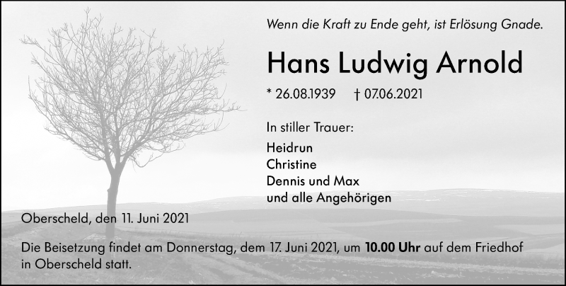 Traueranzeige für Hans Ludwig Arnold vom 11.06.2021 aus 202 Dill Block