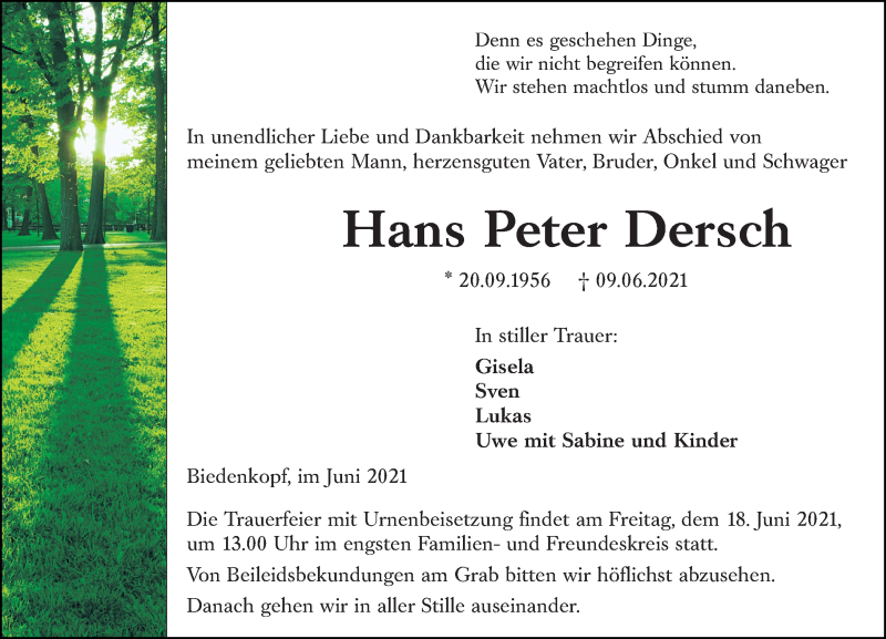  Traueranzeige für Hans Peter Dersch vom 14.06.2021 aus 205 Hinterländer Anzeiger