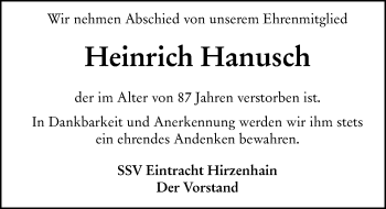 Traueranzeige von Heinrich Hanusch von 202 Dill Block