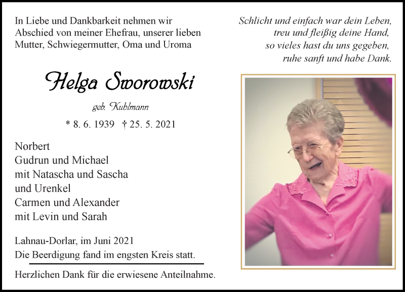  Traueranzeige für Helga Sworowski vom 05.06.2021 aus 201 Wetzlarer Neue Zeitung