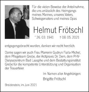 Traueranzeige von Helmut Frötschl von 205 Hinterländer Anzeiger