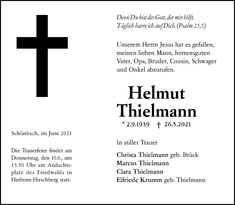  Traueranzeige für Helmut Thielmann vom 08.06.2021 aus 202 Dill Block