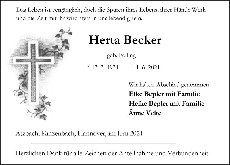  Traueranzeige für Herta Becker vom 10.06.2021 aus 201 Wetzlarer Neue Zeitung