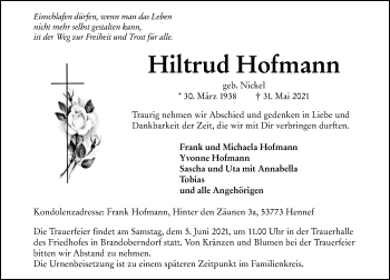 Traueranzeige von Hiltrud Hofmann von 201 Wetzlarer Neue Zeitung