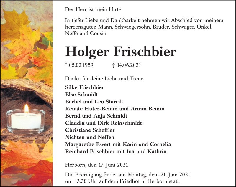  Traueranzeige für Holger Frischbier vom 17.06.2021 aus 202 Dill Block