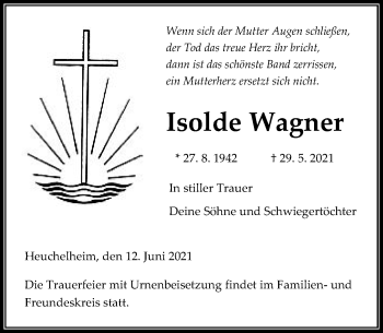 Traueranzeige von Isolde Wagner von 201 Wetzlarer Neue Zeitung