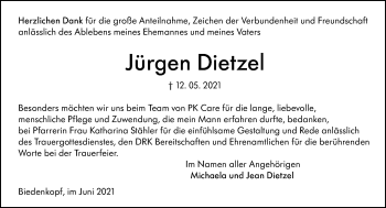 Traueranzeige von Jürgen Dietzel von 205 Hinterländer Anzeiger