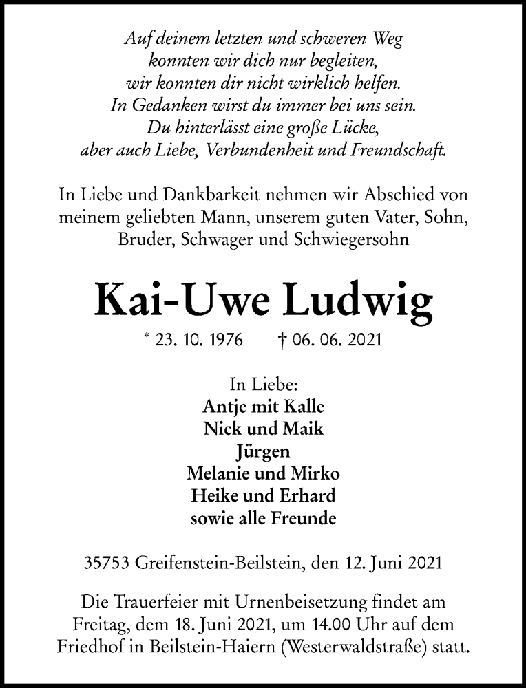  Traueranzeige für Kai-Uwe Ludwig vom 12.06.2021 aus 202 Dill Block