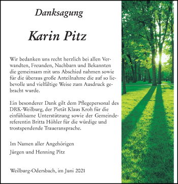 Traueranzeige von Karin Pitz von 206 Weilburger Tageblatt