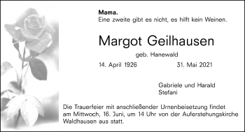 Traueranzeige von Margot Geilhausen von 206 Weilburger Tageblatt