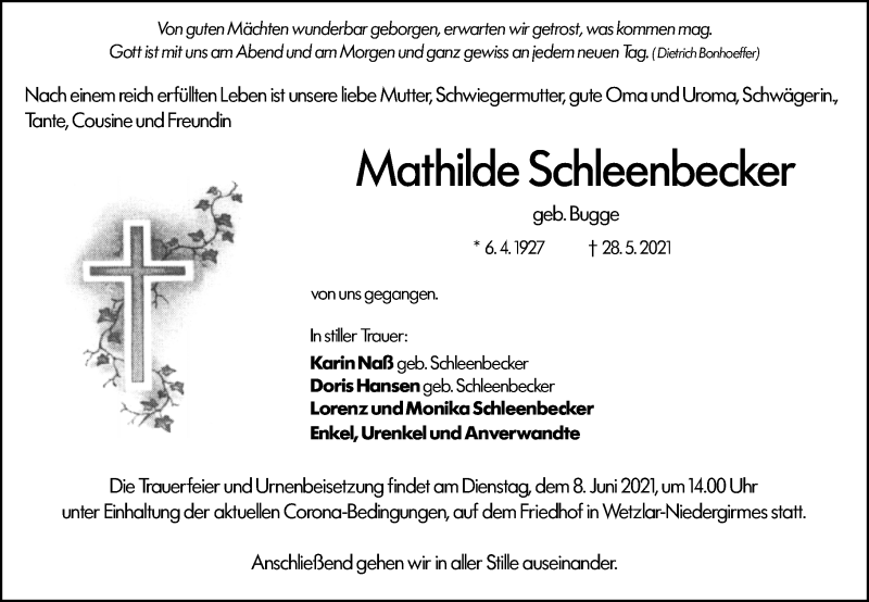  Traueranzeige für Mathilde Schleenbecker vom 05.06.2021 aus 201 Wetzlarer Neue Zeitung