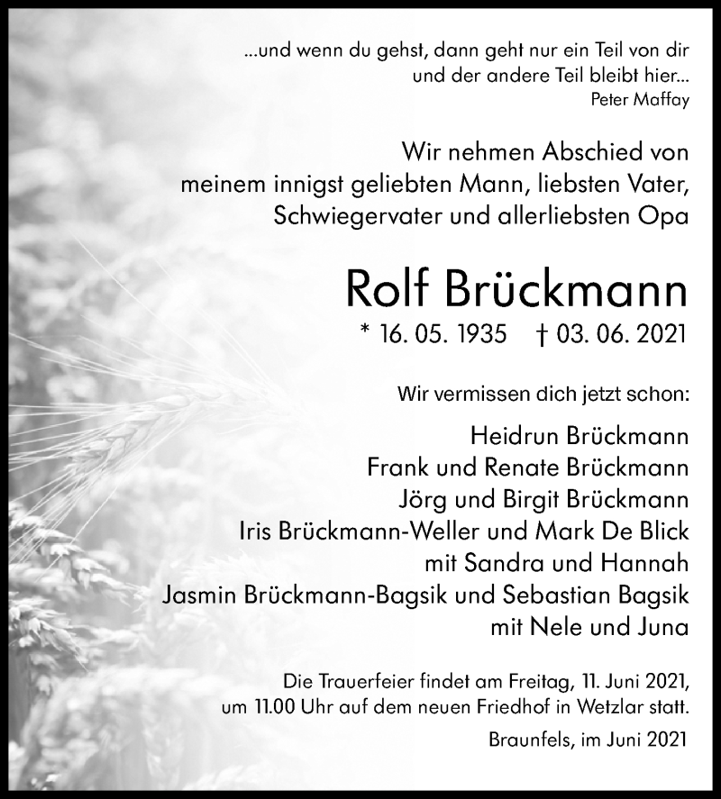  Traueranzeige für Rolf Brückmann vom 09.06.2021 aus 201 Wetzlarer Neue Zeitung