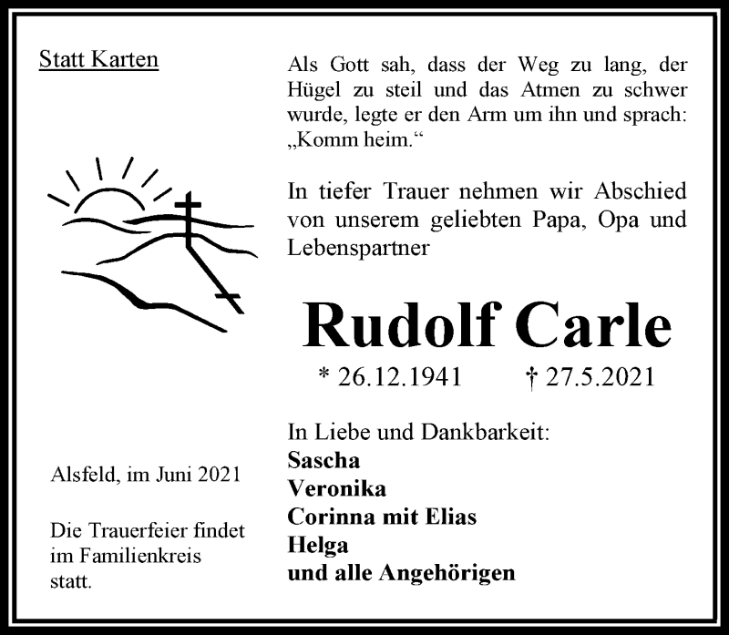  Traueranzeige für Rudolf Carle vom 09.06.2021 aus VRM Trauer