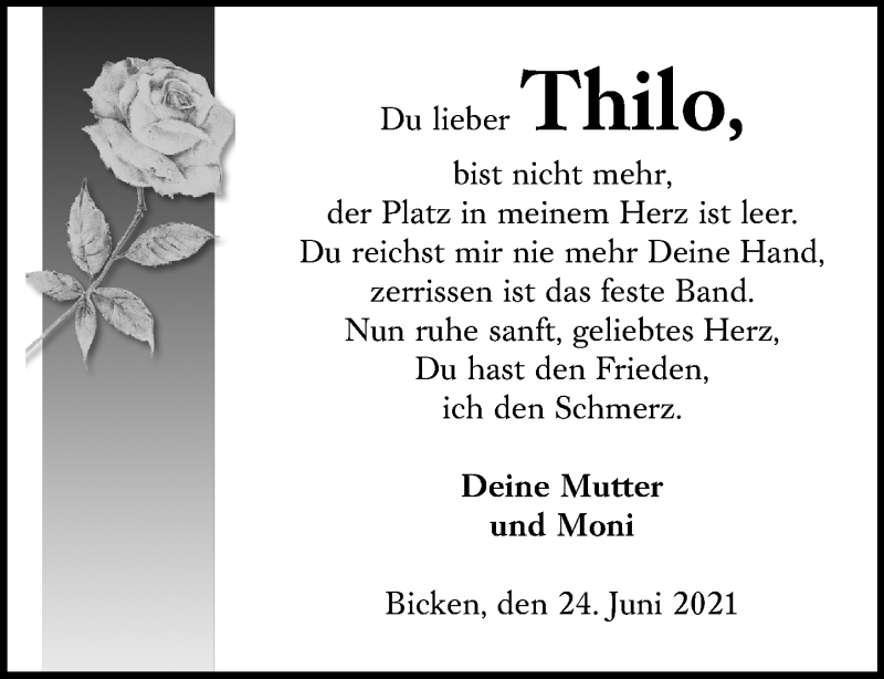  Traueranzeige für Thilo Koch vom 24.06.2021 aus 202 Dill Block