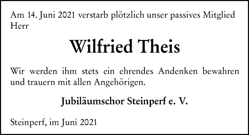  Traueranzeige für Wilfried Theis vom 18.06.2021 aus 205 Hinterländer Anzeiger