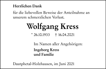 Traueranzeige von Wolfgang Kress von 205 Hinterländer Anzeiger