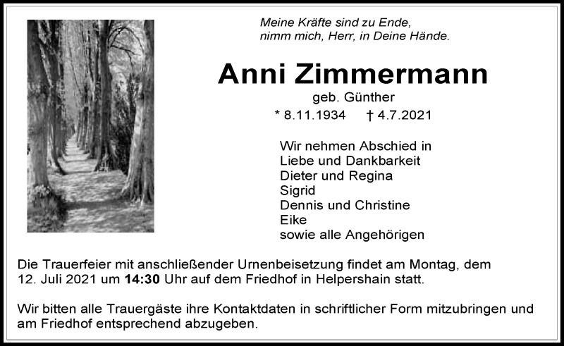  Traueranzeige für Anni Zimmermann vom 10.07.2021 aus 562 Lauterbacher Anzeiger