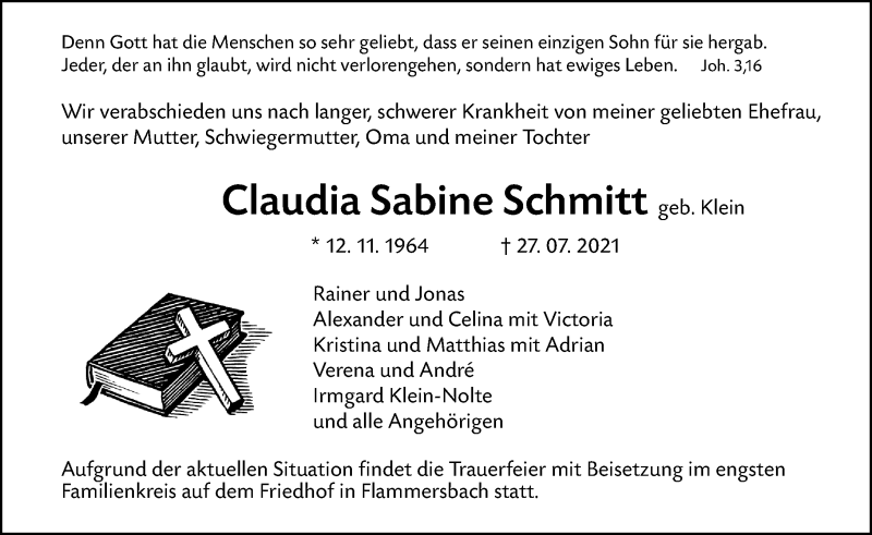  Traueranzeige für Claudia Sabine Schmitt vom 31.07.2021 aus 202 Dill Block