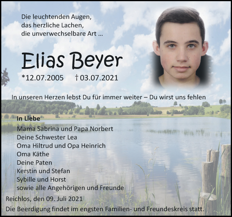 Traueranzeige für Elias Beyer vom 09.07.2021 aus VRM Trauer