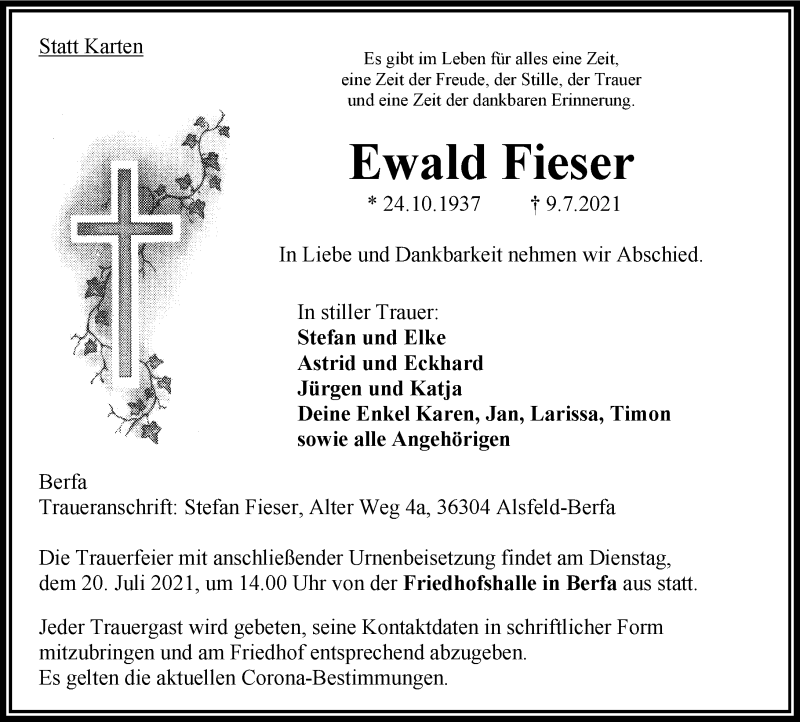  Traueranzeige für Ewald Fieser vom 17.07.2021 aus 563 Oberhessische Zeitung