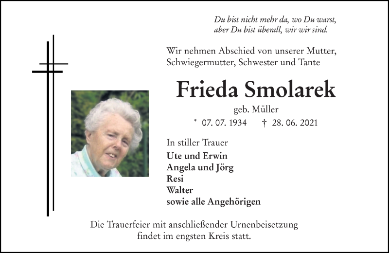  Traueranzeige für Frieda Smolarek vom 10.07.2021 aus 201 Wetzlarer Neue Zeitung