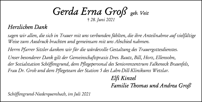  Traueranzeige für Gerda Erna Groß vom 31.07.2021 aus 201 Wetzlarer Neue Zeitung